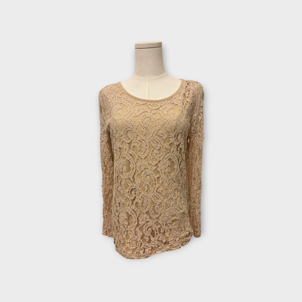 Chico's Lace Front Long Sleeve Top Size 2 L Tan Beige Boho Elegant‎ Floral Mesh